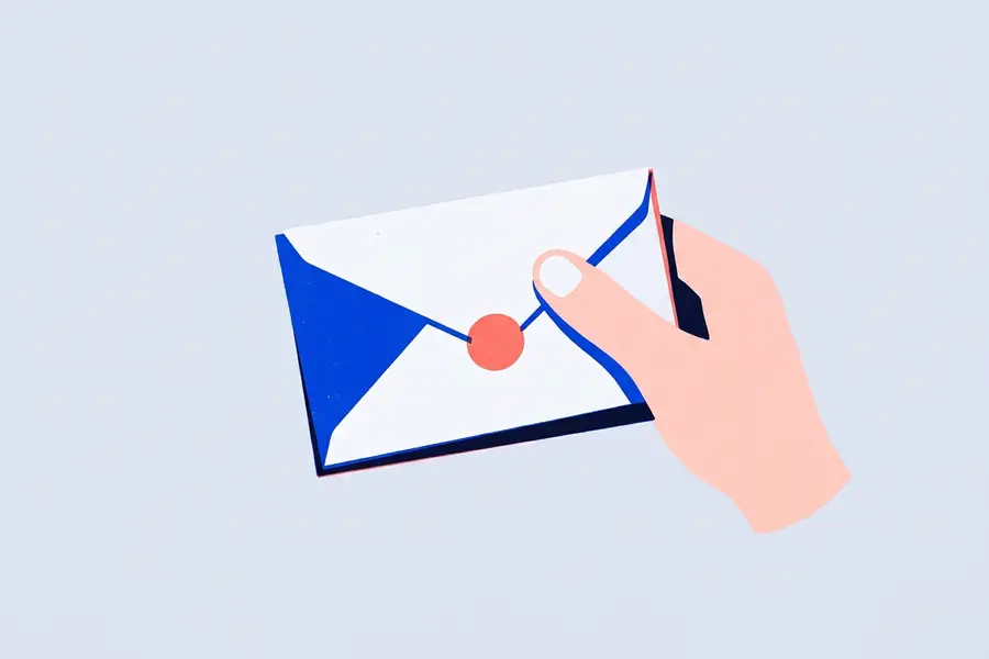 A sealed envelope with a coral disc, a thumb opening it.